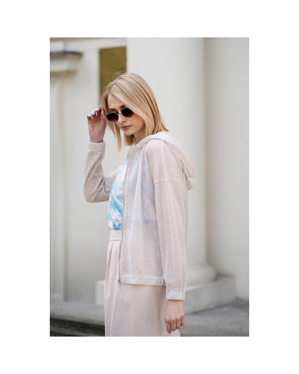 Oh!Zuza Blue Neutrals Print Top, Wide-Leg Trousers & Mesh Hoodie Set