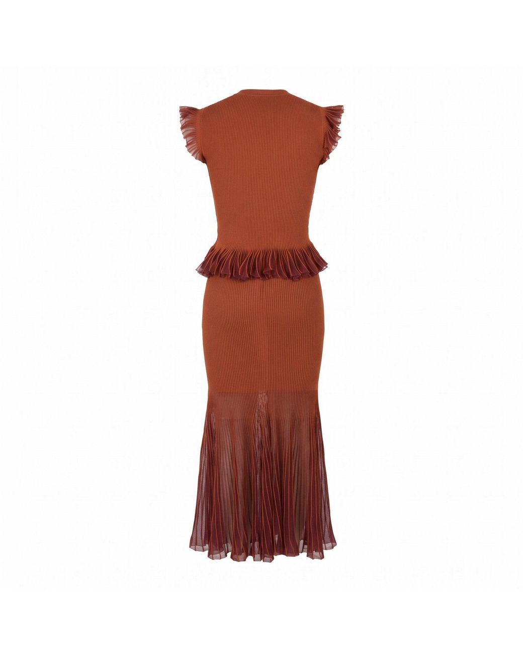 Modenaire Red Ribbed Peplum Top Sheer Hem Midi Skirt Set