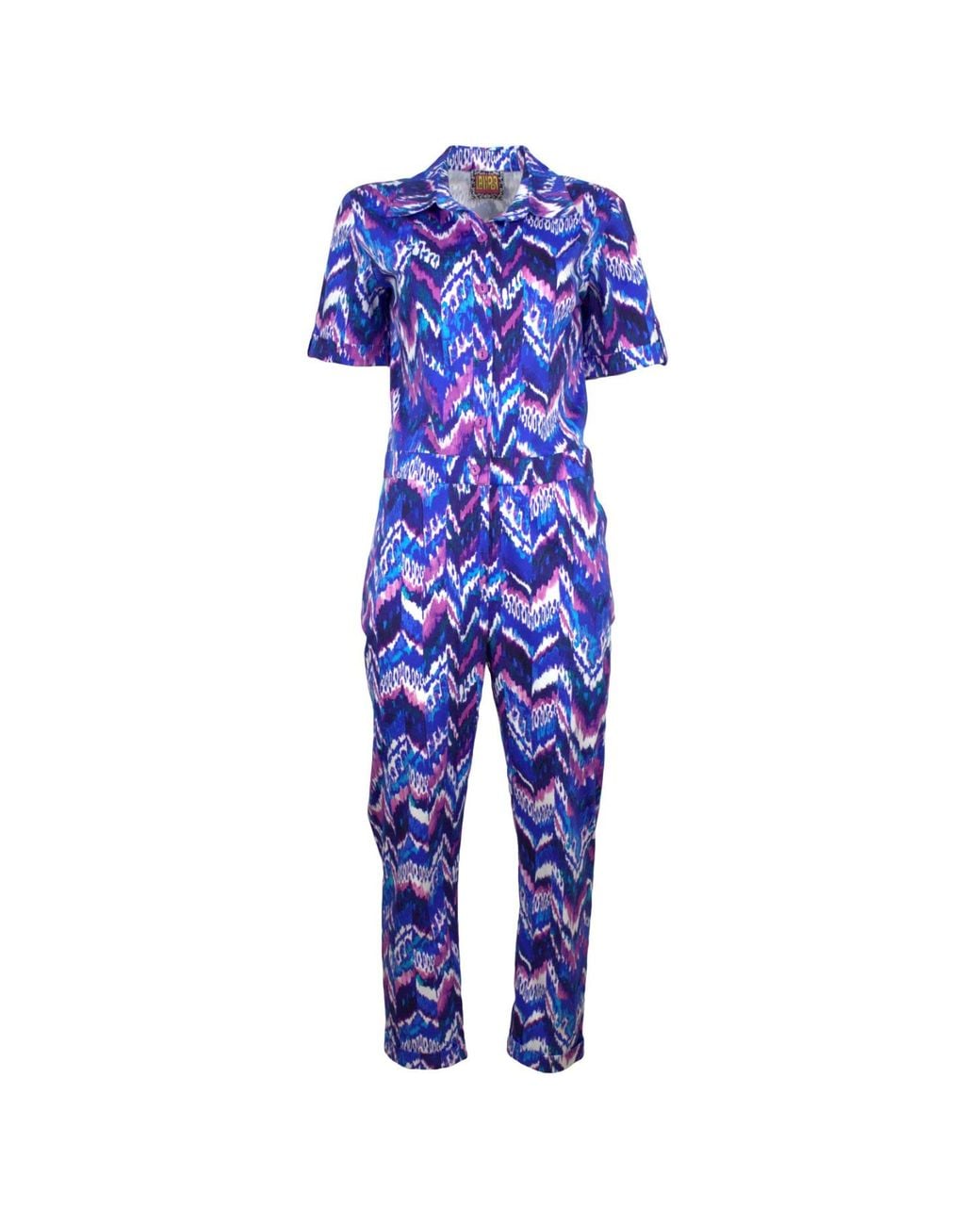 Lalipop Design Blue Electric Ocean Cotton Jumpsuit With Colorful Zigzag Print