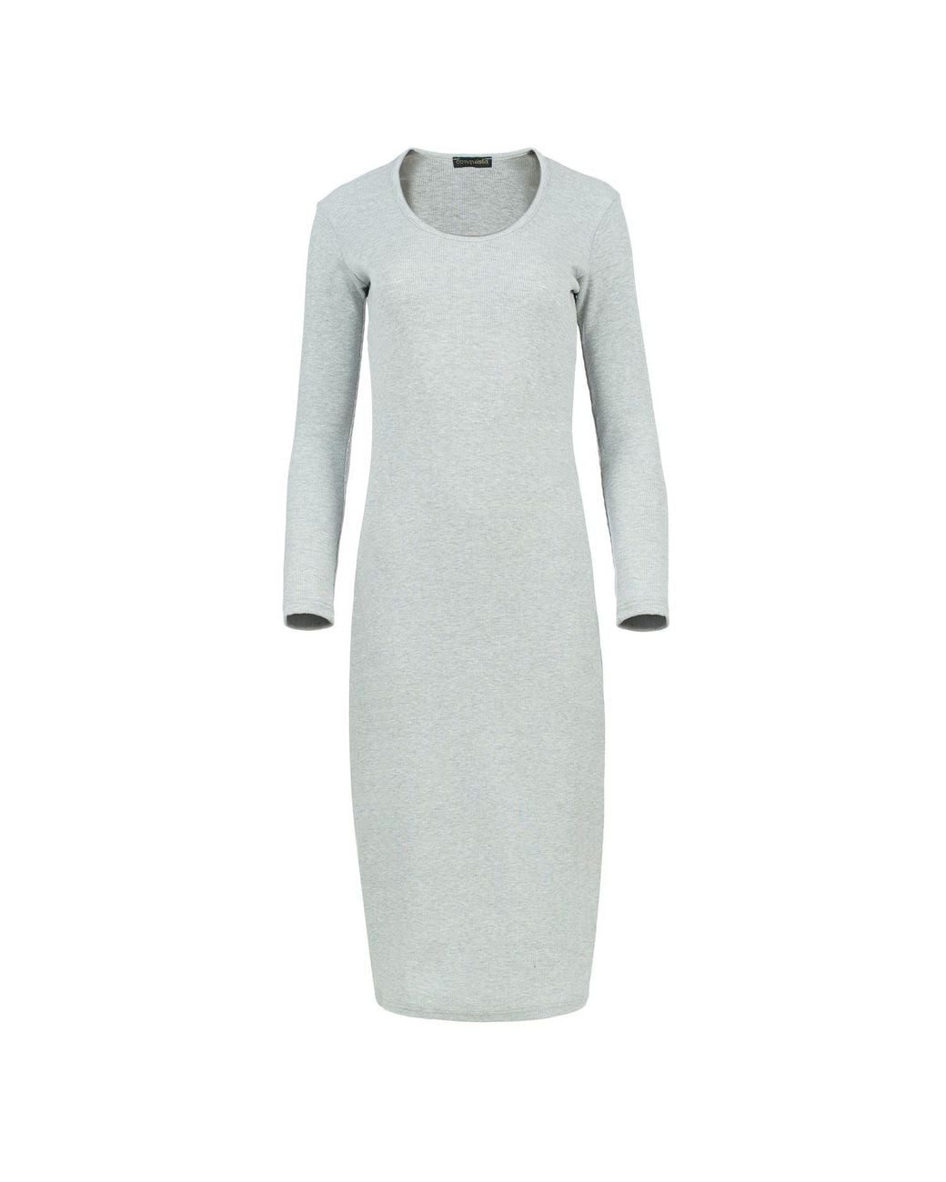 Conquista Gray Long Sleeve Round Neck Midi Dress