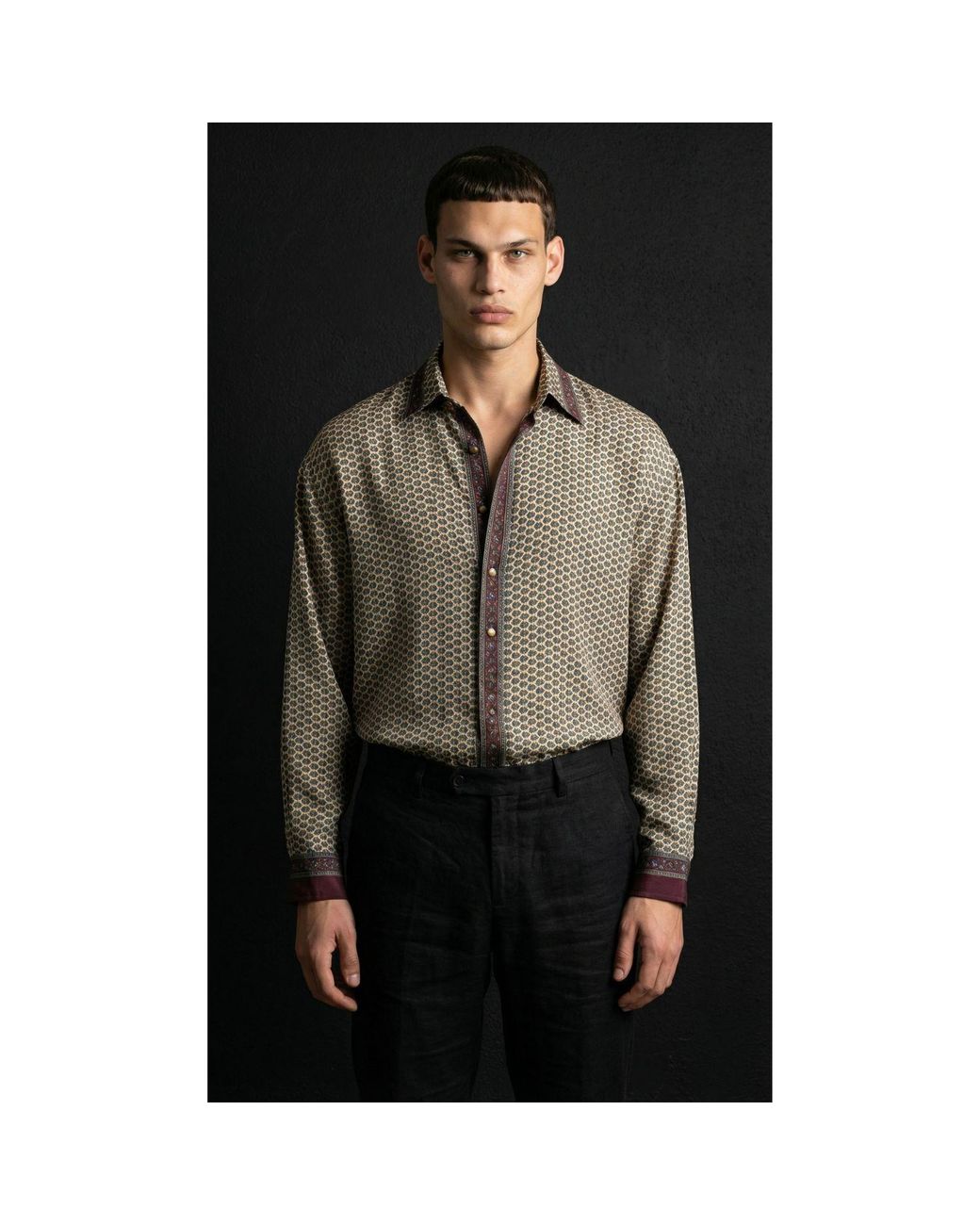 Monzlapur New York Gray Embossed Botanic Long Sleeve Crepe Shirt for men