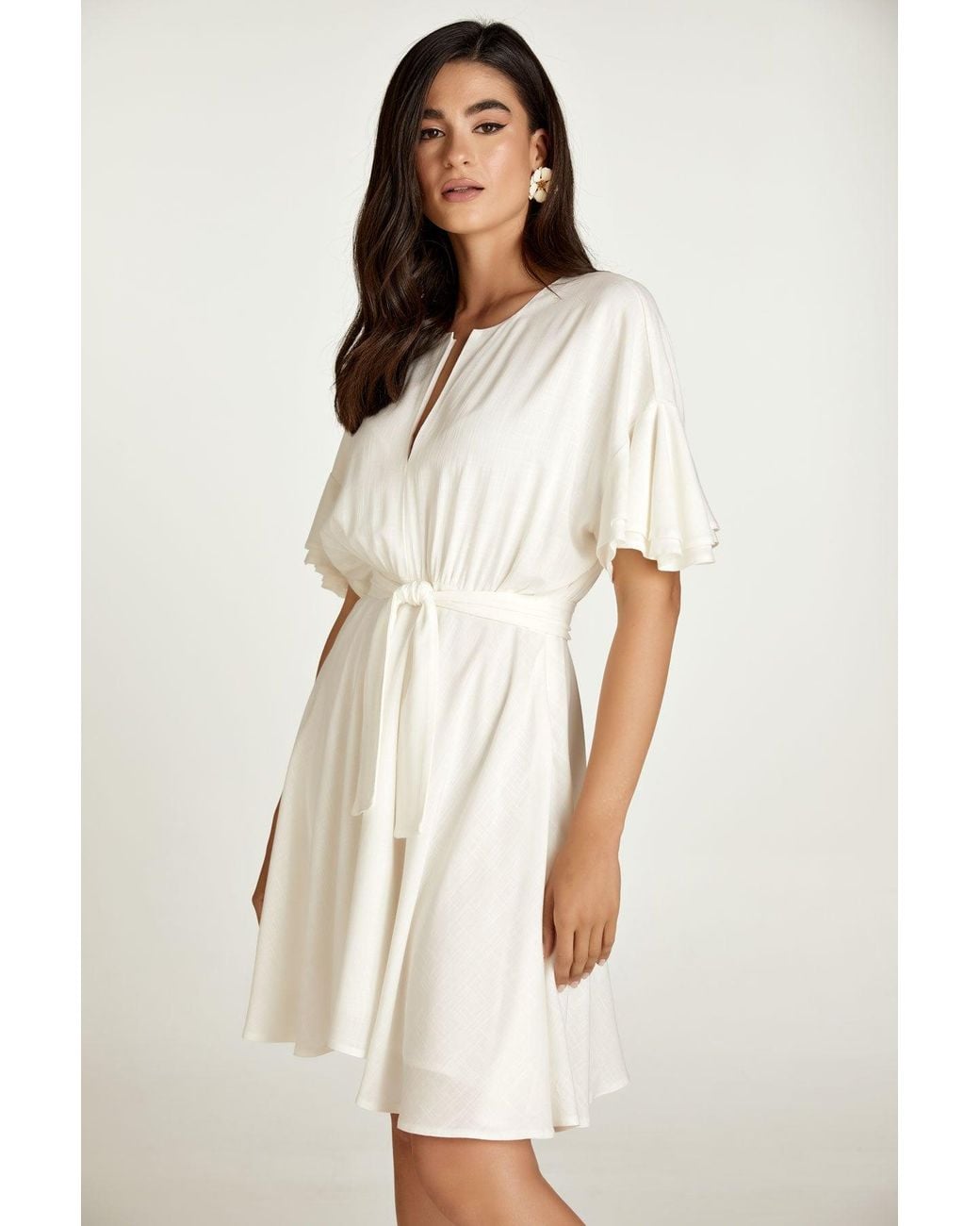 Conquista White Neutrals Ecru Dress With Ruffle Sleeves