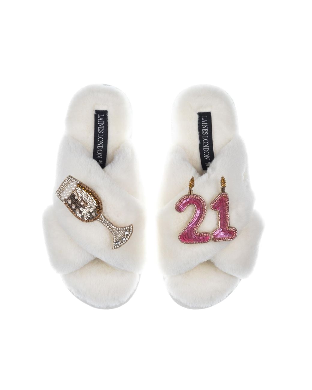 Laines London White Classic Laines Slippers With 21St Birthday & Champagne Glass Brooches