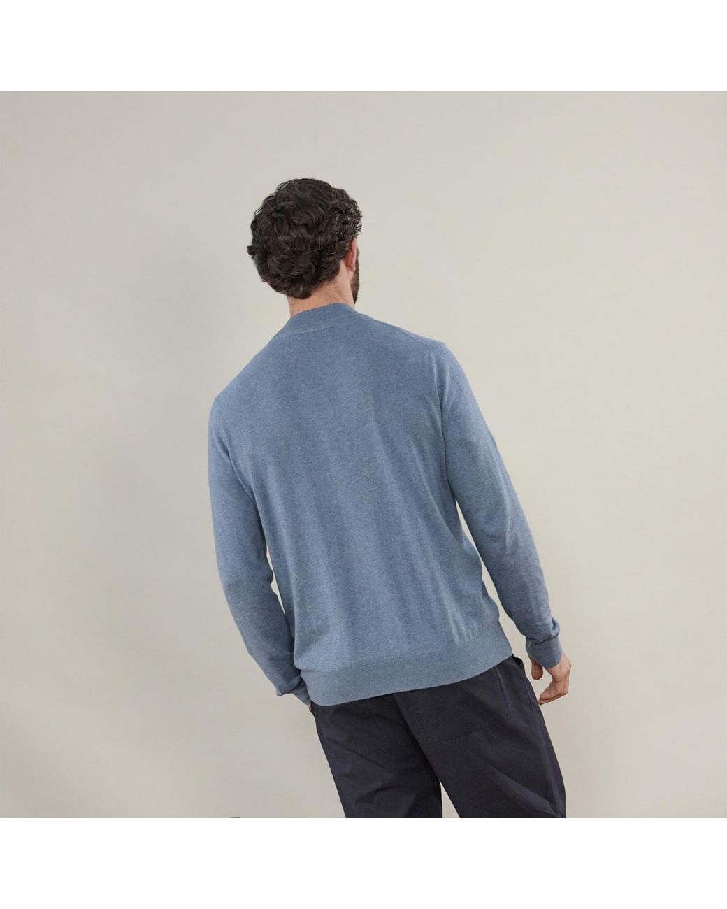 Paul James Knitwear Blue Ultra Fine Cotton Mock Turtle Neck Spencer Jumper for men
