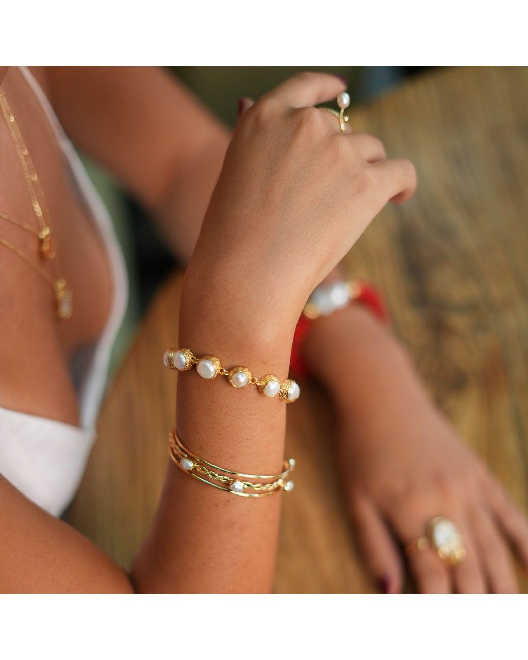 Ebru Jewelry Metallic Pearl Twisted Gold Cuff Bracelet