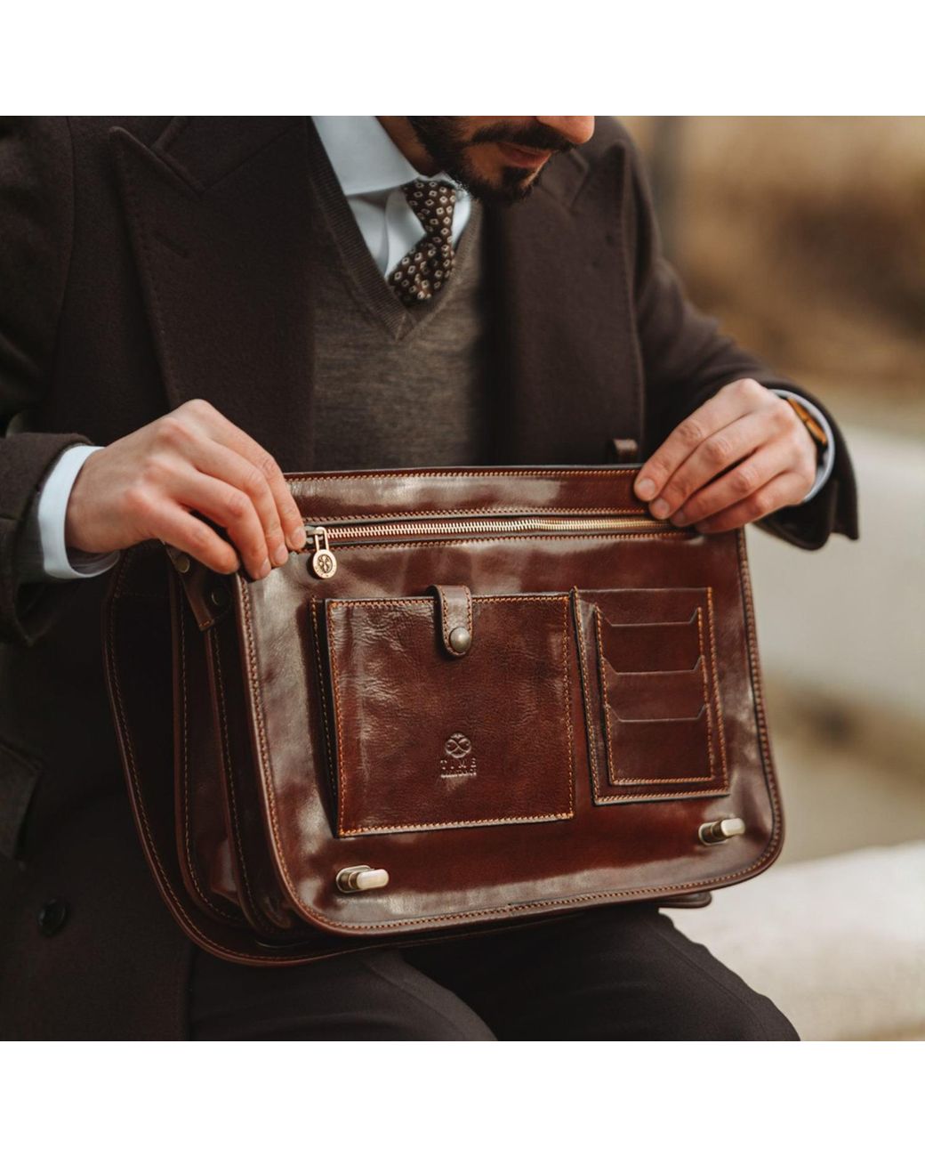 Time Resistance Brown Leather Briefcase Laptop Bag for men