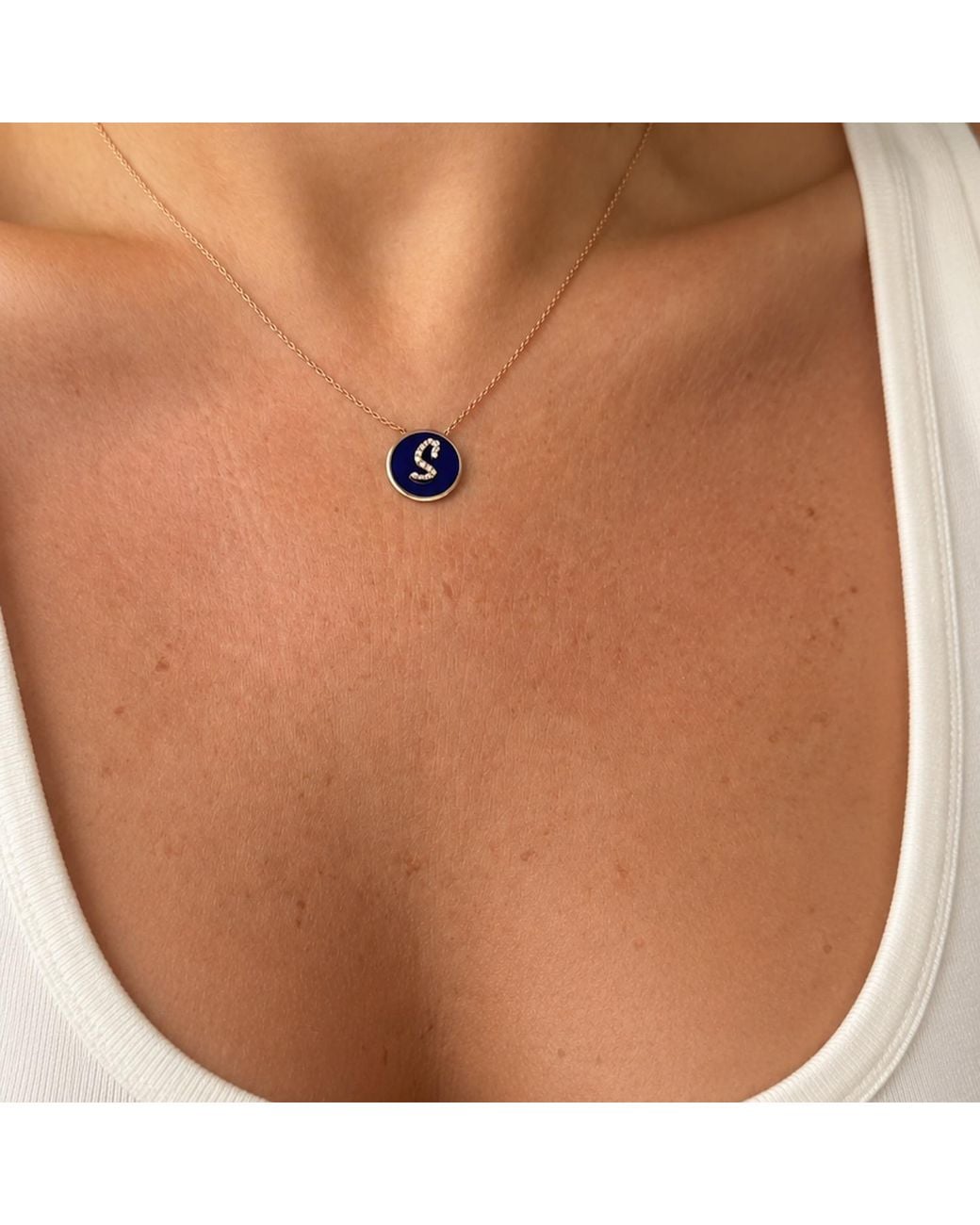 Ecce | Artisan Diamonds Blue 14K Solid Rose Enamel Full Diamond Initial Necklace