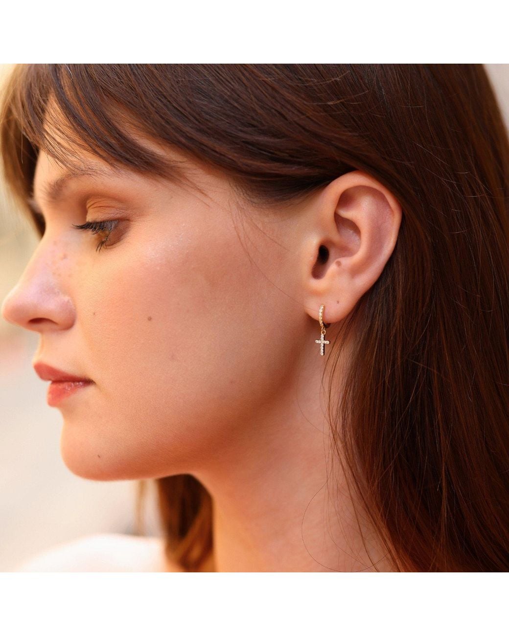Spero London Metallic Sterling Huggie Pave Cross Drop Earring