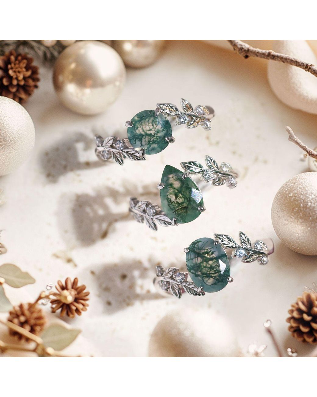Azura Jewelry New York White Between The Leaf Round Moss Agate Ring Vermeil