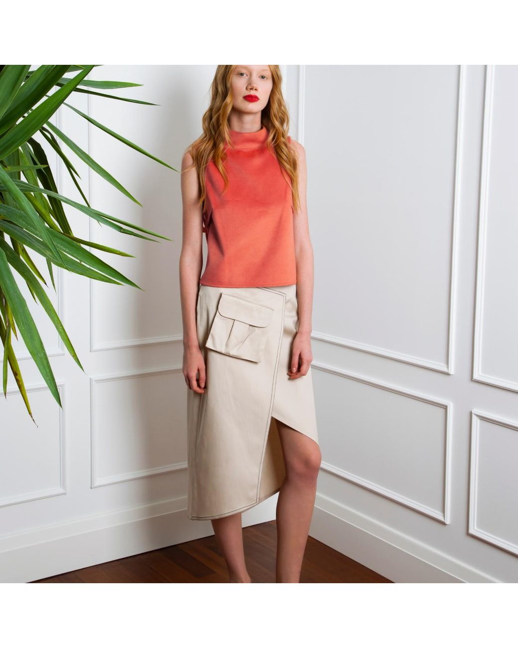 Mirimalist Natural Wrap Pencil Midi Skirt Ecru