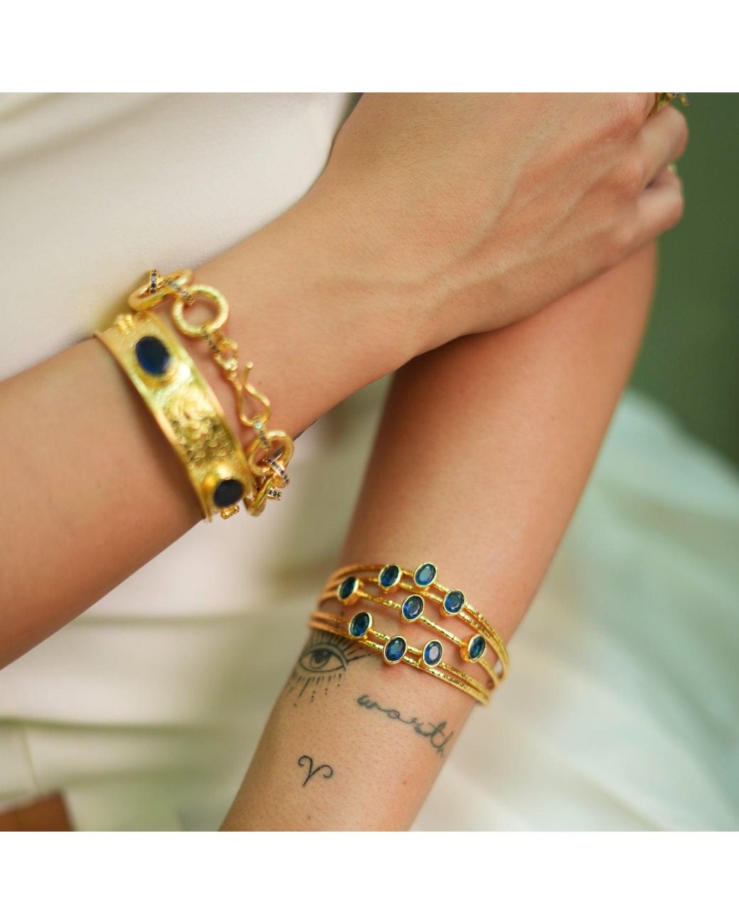 Ebru Jewelry Metallic Gold Plated Sapphire Stone Cuff Bracelet