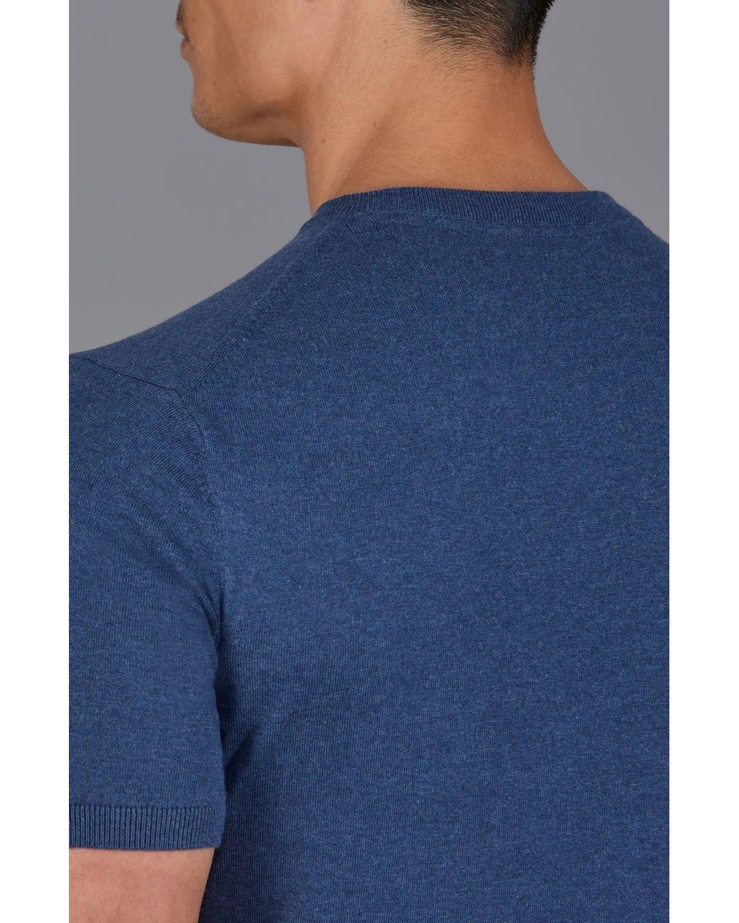 Paul James Knitwear Blue Ultra Fine Cotton Hudson High V Neck Knitted T-Shirt for men