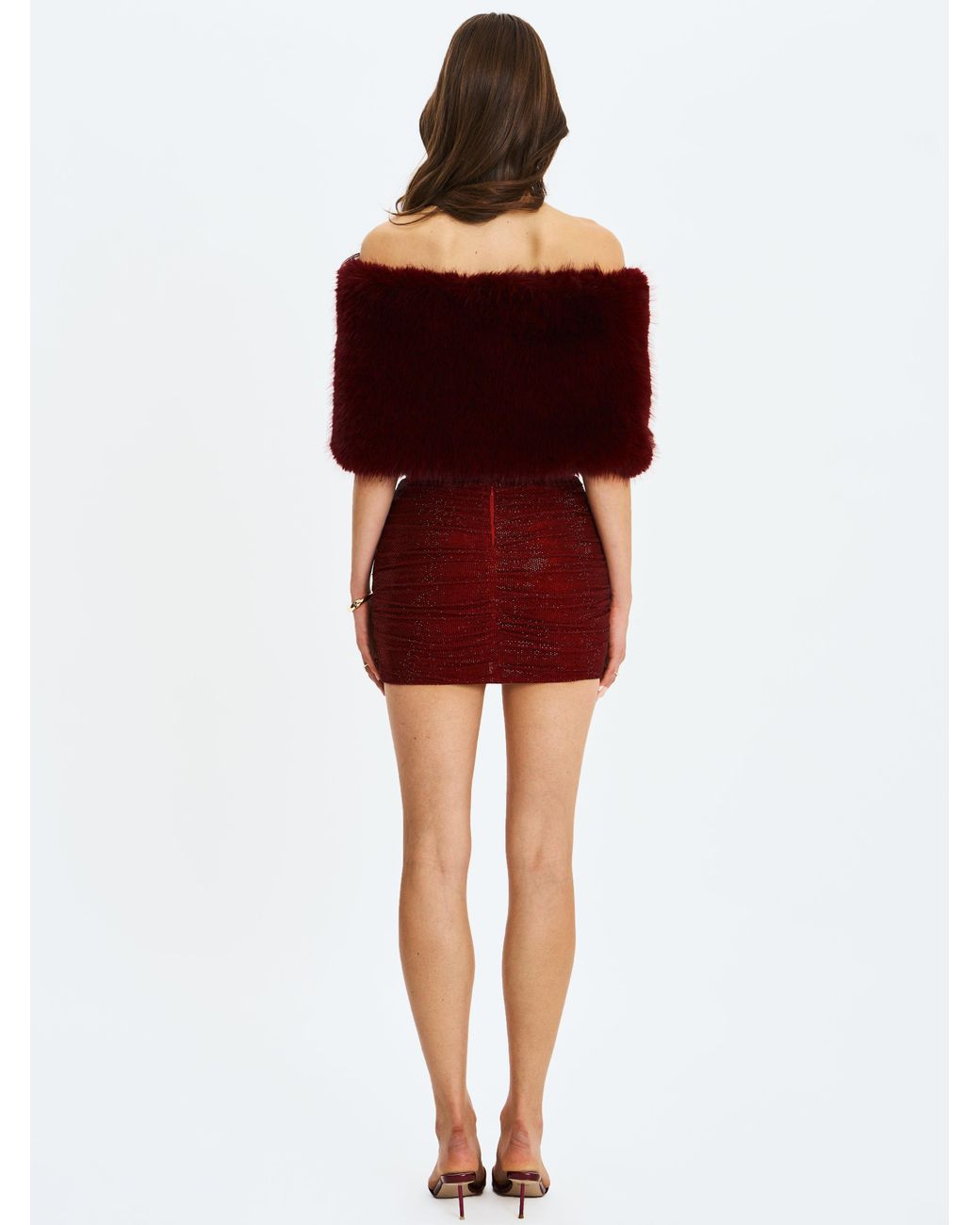 Miss Circle New York Red Darla Burgundy Faux Fur Off-Shoulder Cropped Top