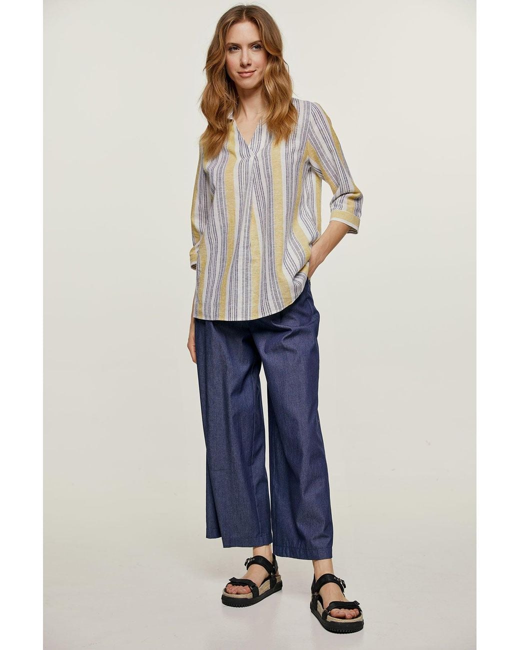 Conquista Blue Striped Linen Style Top With Pockets