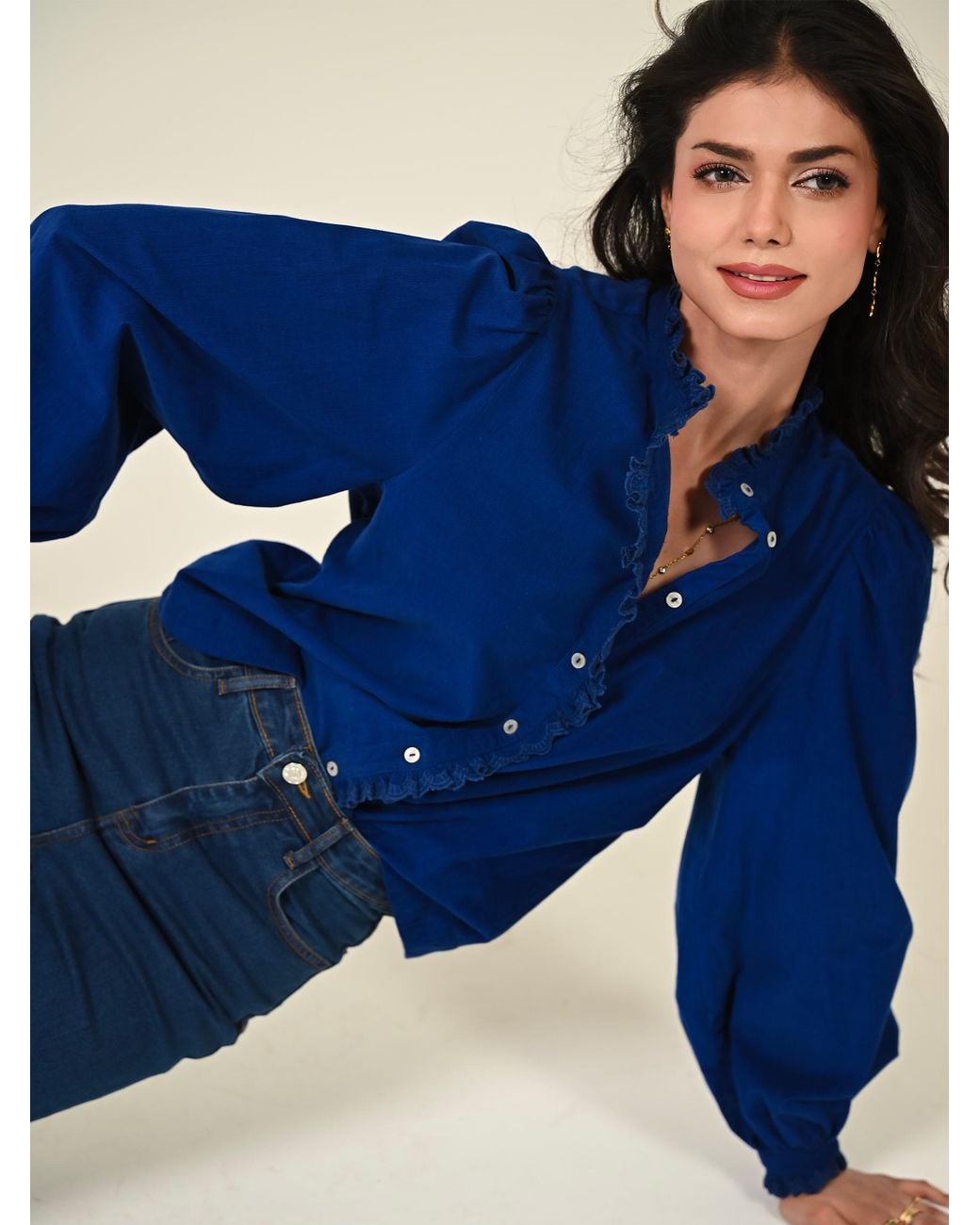 Rose & Nancy Blue Nerys Cord Embroidered Frill Blouse