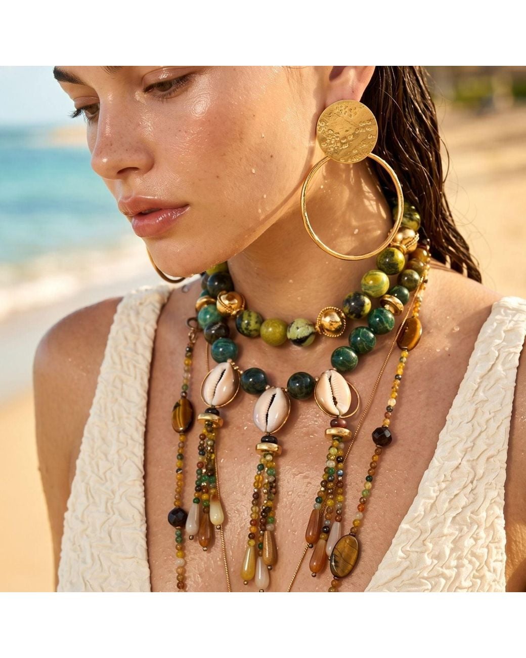 Jaredjamin Metallic Marina Natural Cowrie Shell Statement Necklace