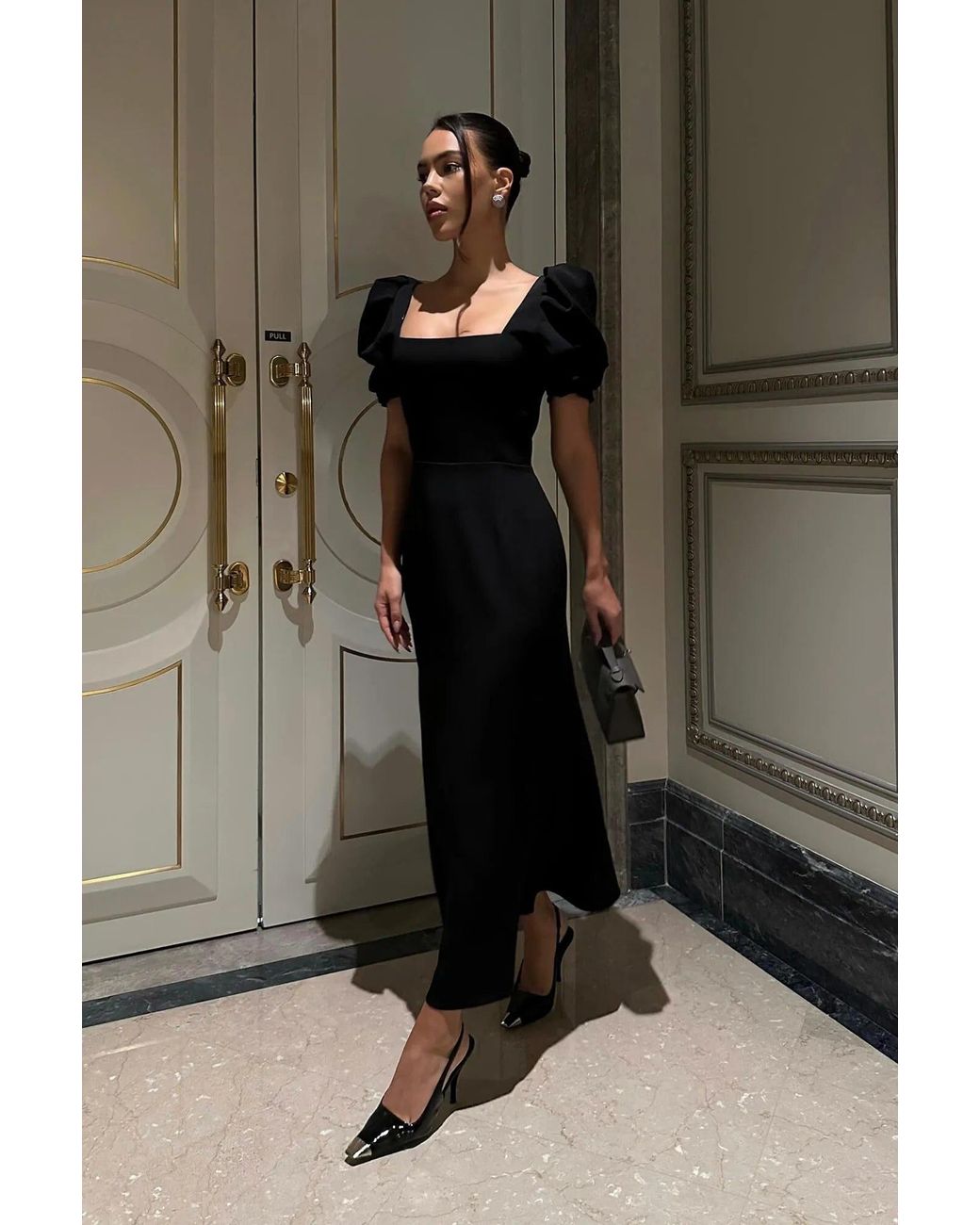 POST MERIDIEM Black Godet Silhouette Square Neck Midi Dress