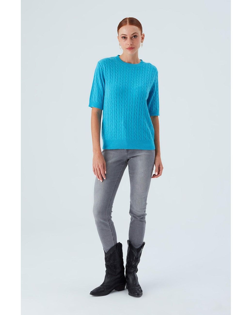 Peraluna Blue Nicole Cable Knit Cashmere Blend Short Sleeve Blouse