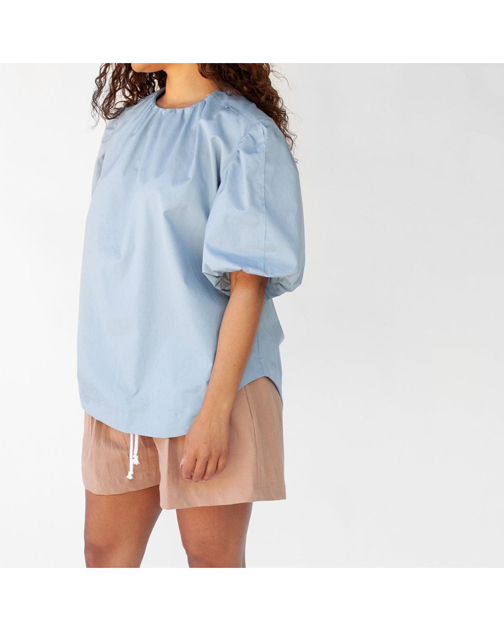 Joeleen Torvick Gray Puff Sleeve Gathered Top