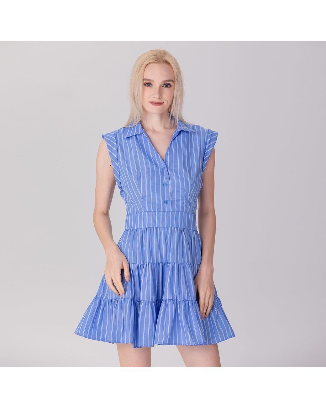 Smart and Joy Blue Striped Tiered Panels Mini Shirt Dress