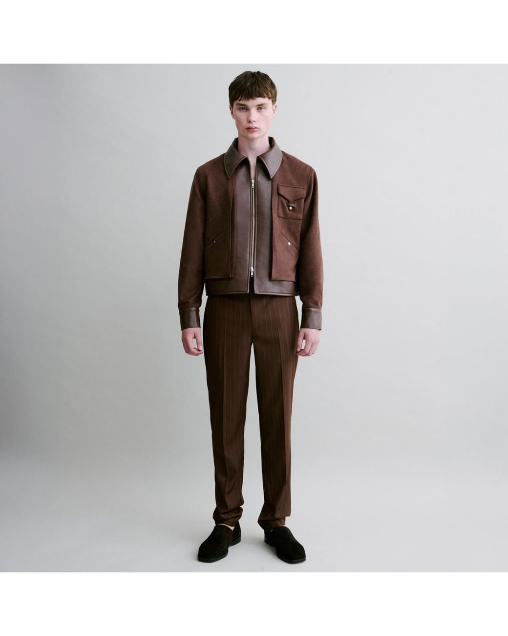 Luroq London Brown Linear Pinstripe Trousers for men