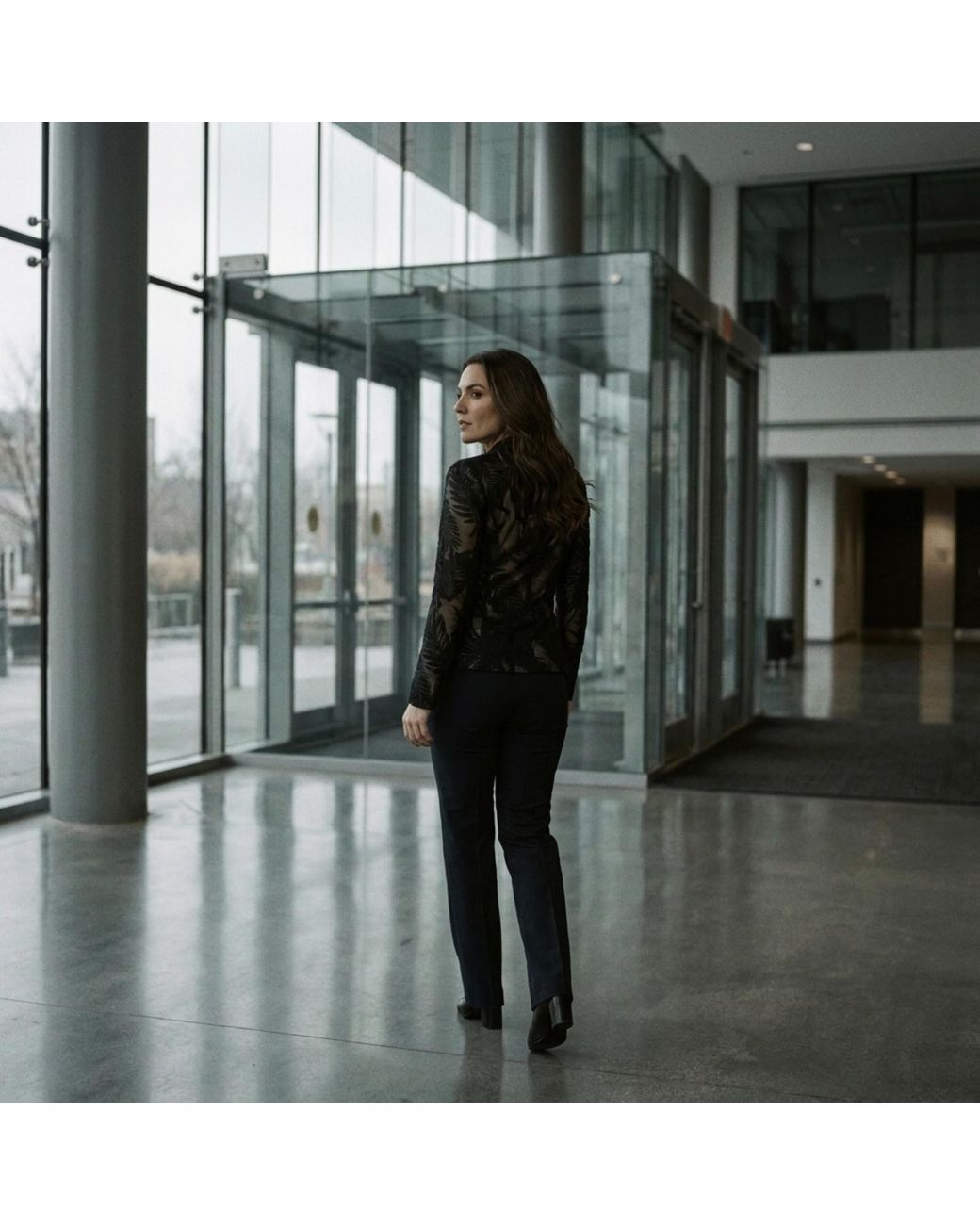 Modenaire Black Tailored Blazer With Sheer Lace Sleeves And Single Button Front