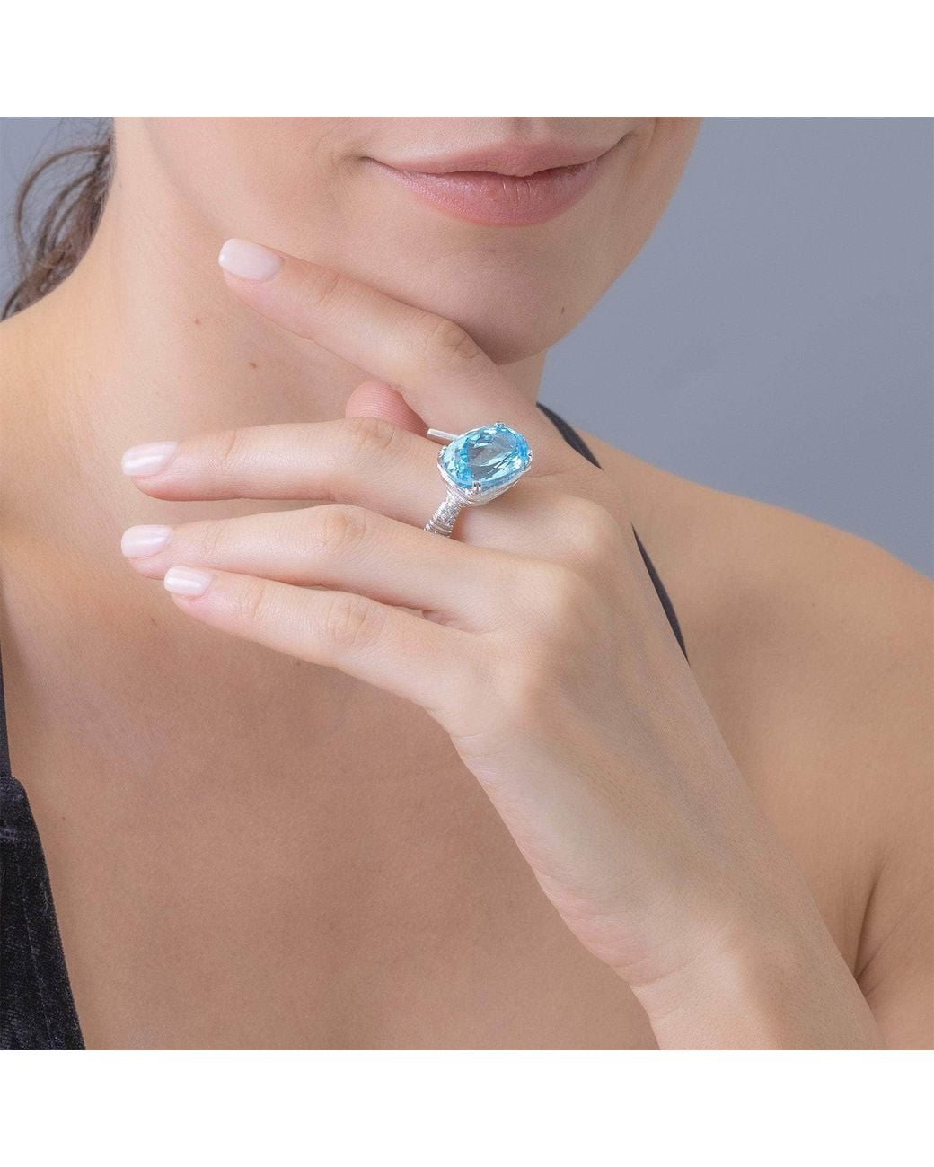 German Kabirski Blue Velis Open Ring With Natural Oval Cut Topaz