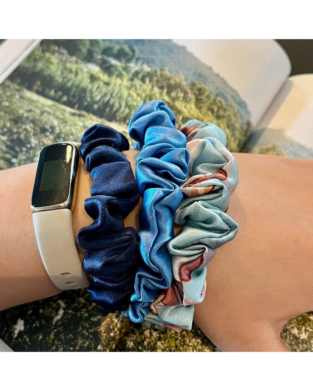 Soft Strokes Silk Blue Set Of Three Pure Mulberry Silk Mini Scrunchies Weekly Special Hair Ties Lakeside Serenity