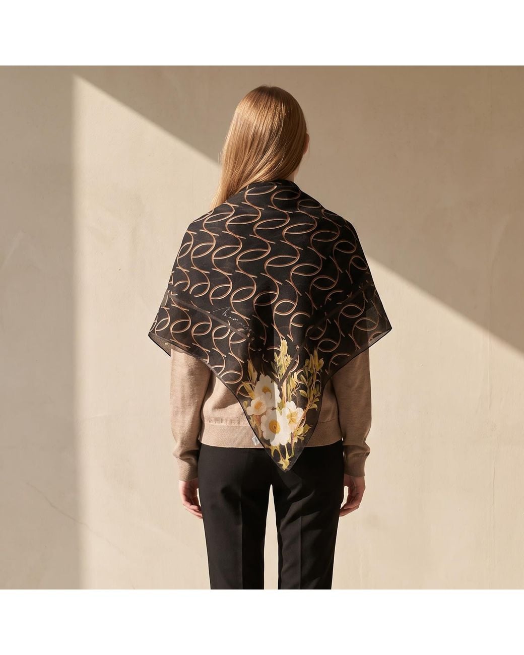 Ana Maison Blue Sophisticated Linework Bloom Silk Wool Scarf