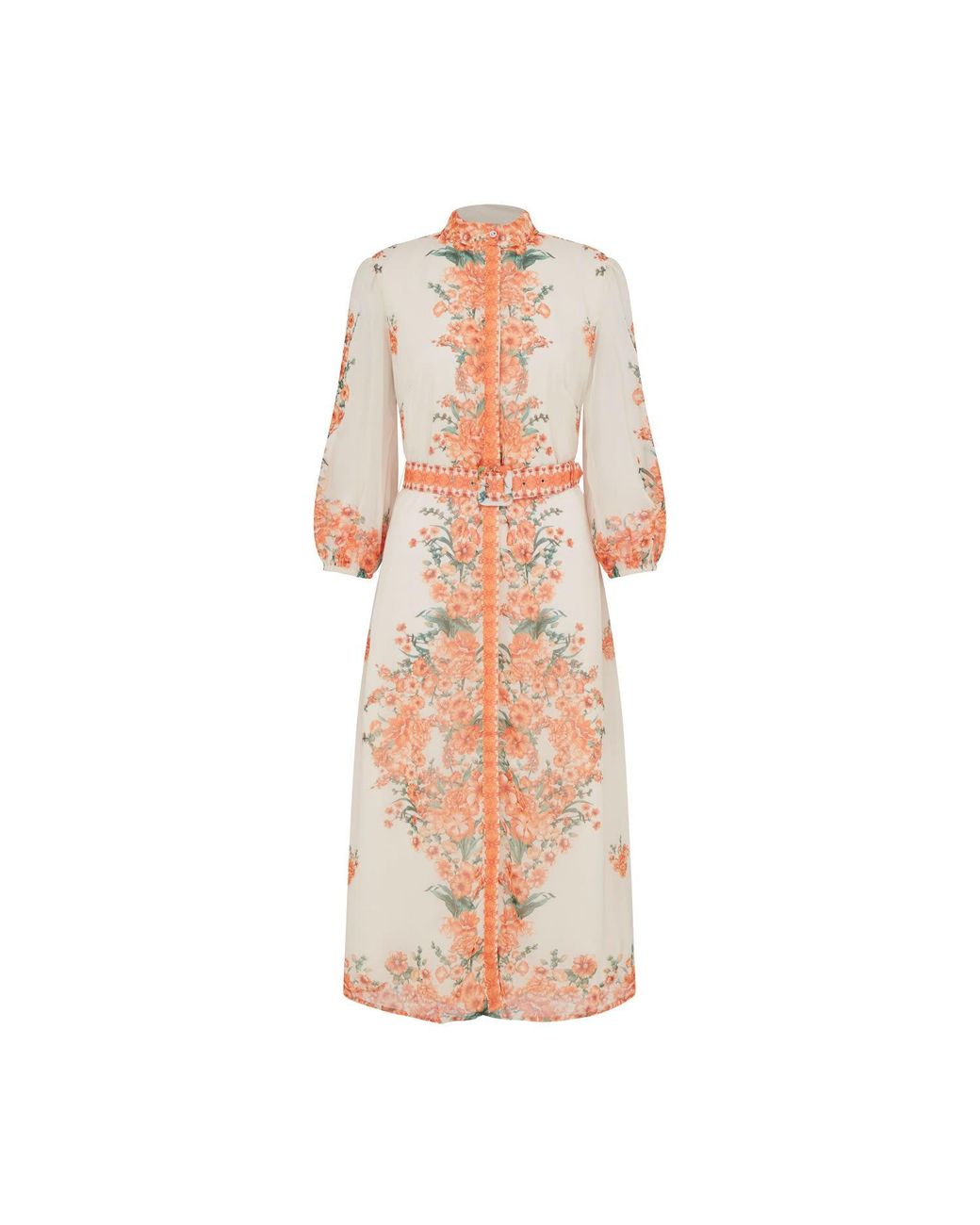 Raishma Pink Rose Floral 3/4 Length Sleeve Belted Midi Shirt Dress