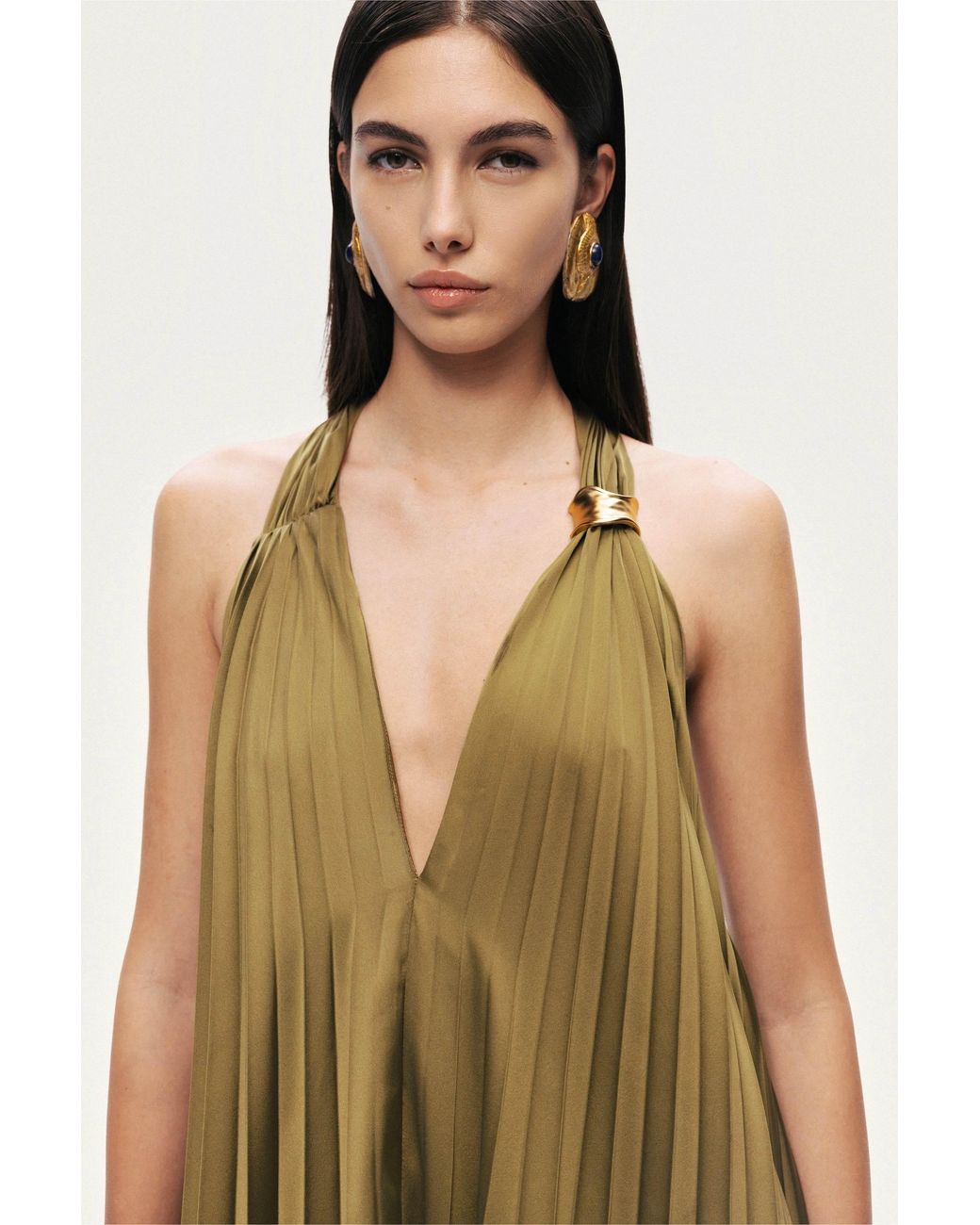 Nocturne Green Neutrals Pleated Halter Maxi Dress