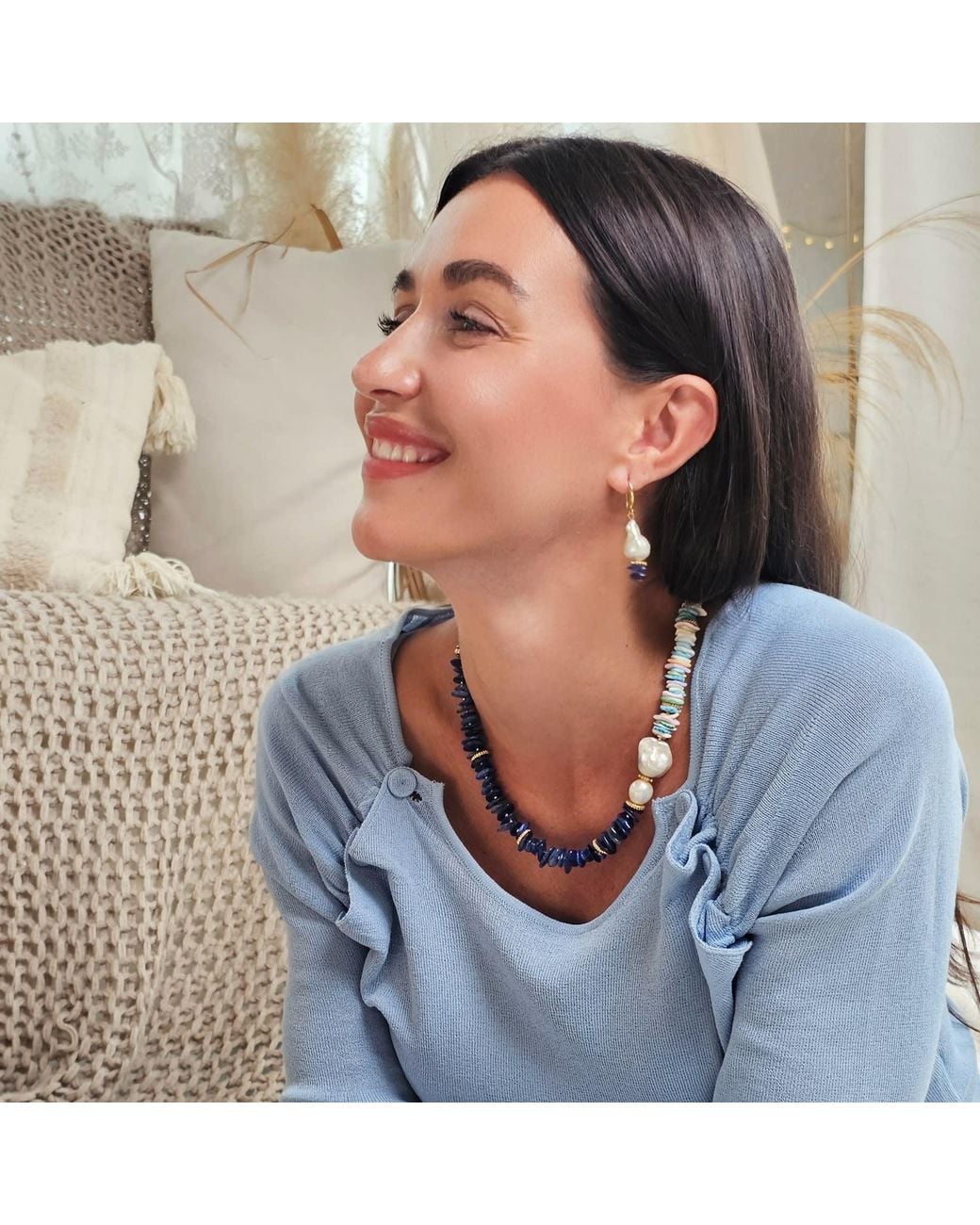 Farra Blue Kyanite And Colorful Shell With Baroque Pearl Necklace Bracelet Earrings Set
