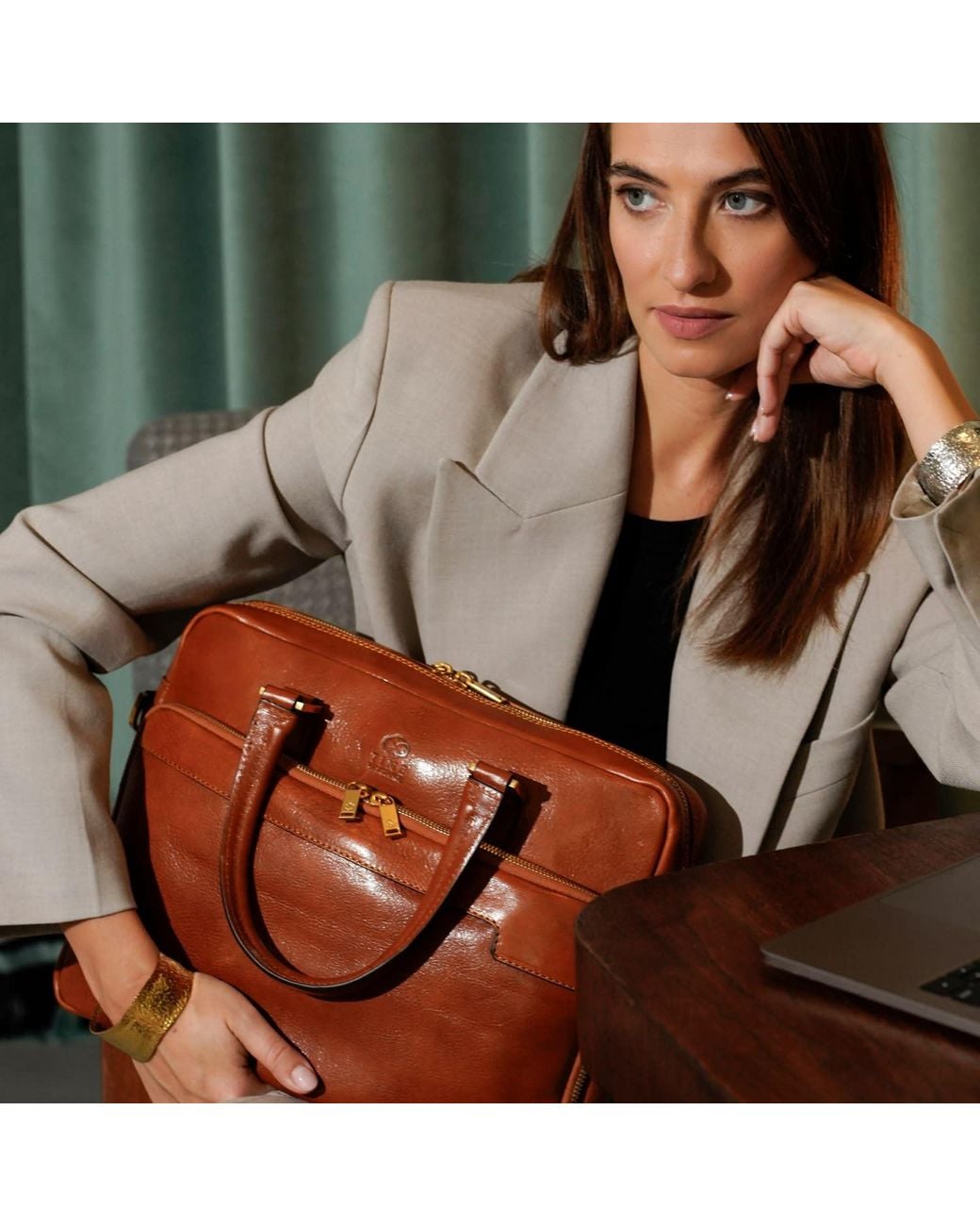 Time Resistance Brown Cognac Leather Briefcase Laptop Bag for men
