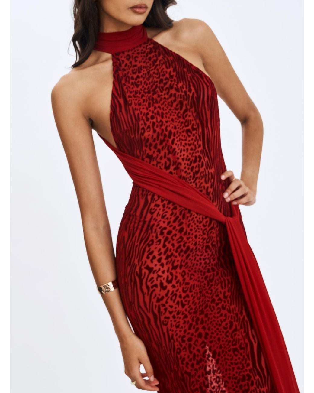 Miss Circle New York Red Cerise Scarlet Burnout Velvet Multiwear Mesh Ribbon Maxi Dress