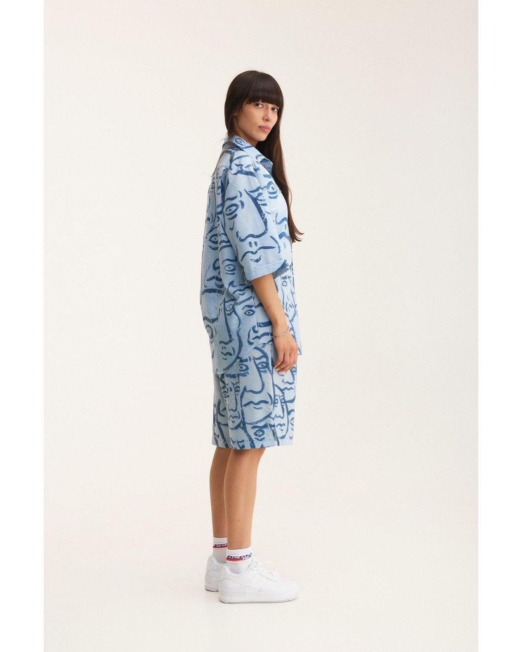 mysimplicated Blue Short Sleeve Shirt And Bermuda Set With Faces Design