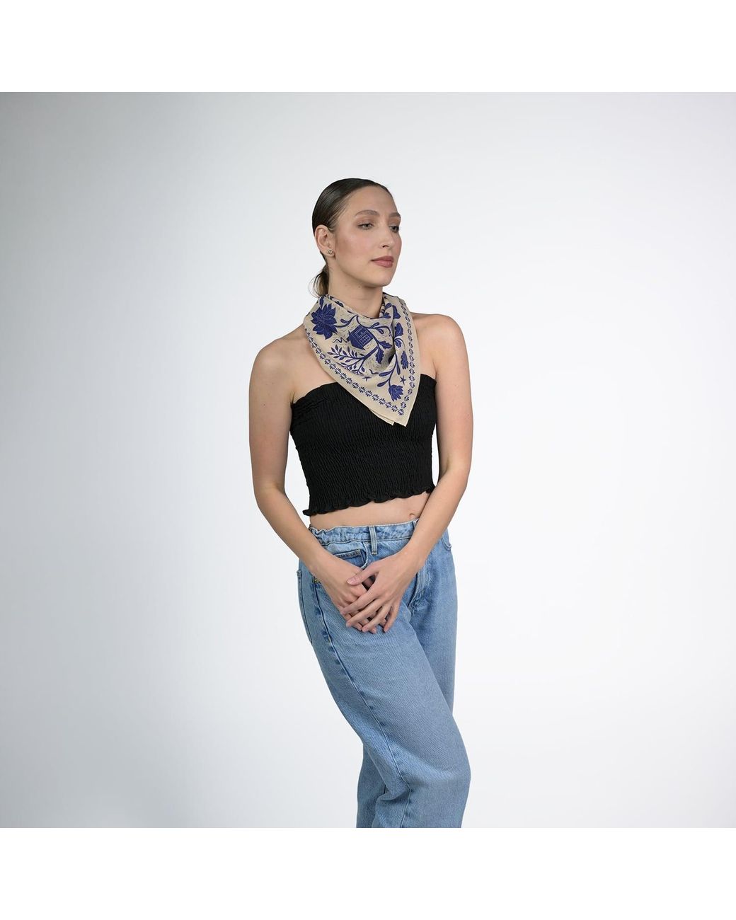 Silk&Soul Blue Neutrals Folk Motif Silk Scarf