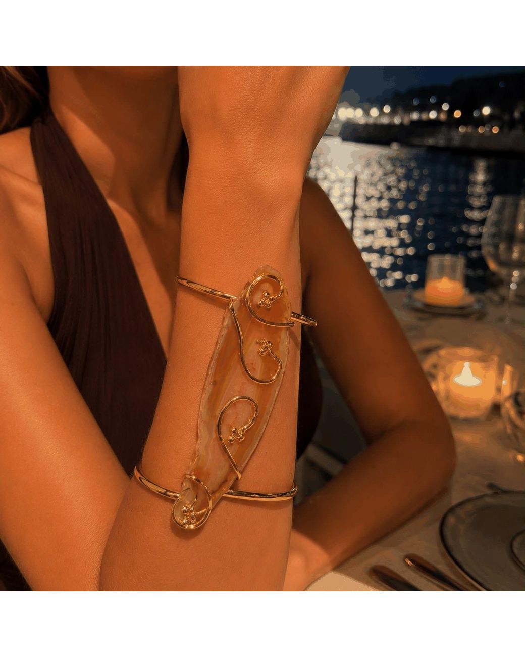 By Ozge Orange Sacred Ember Handcrafted Carnelian Agate Plated Statement Cuff Bracelet