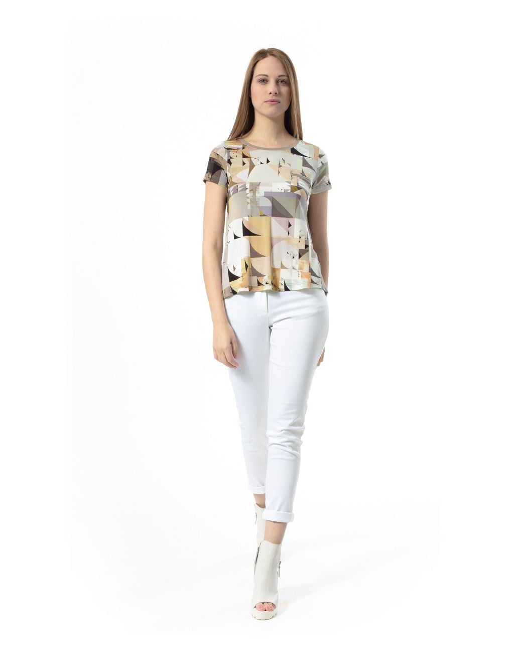 Conquista Natural Short Sleeved Geometric Print Top
