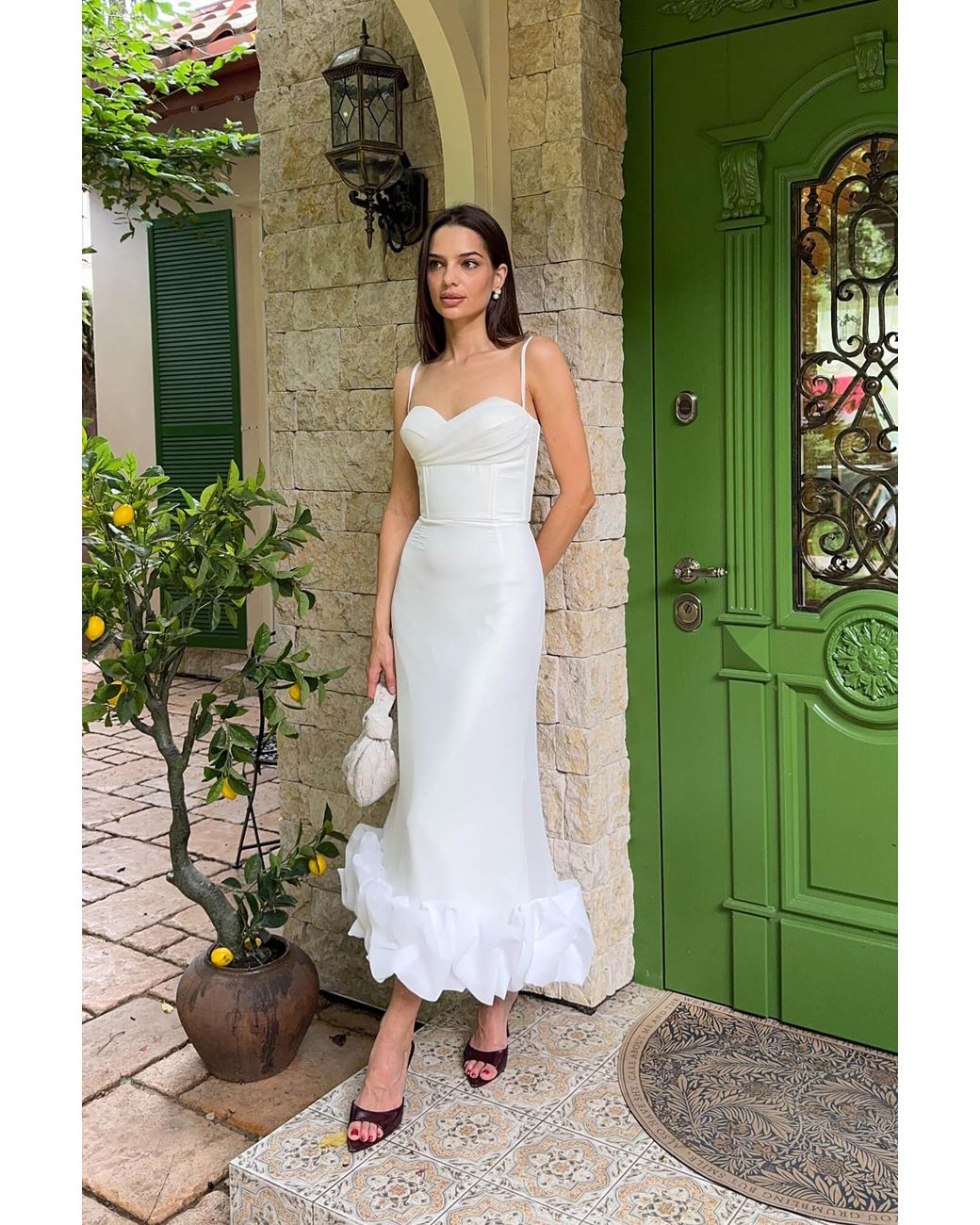 POST MERIDIEM White Draped Bodice Bottom Flounced Bustier Dress
