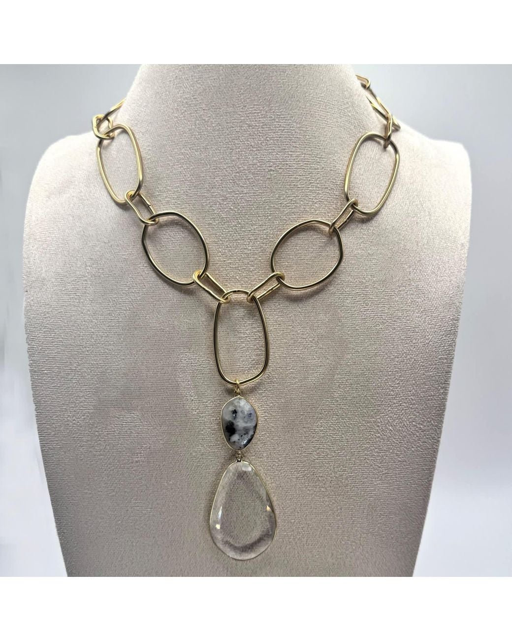 Rare Matters Jewelry Metallic Lux Statement Moonstone Double Drop Pendant Necklace
