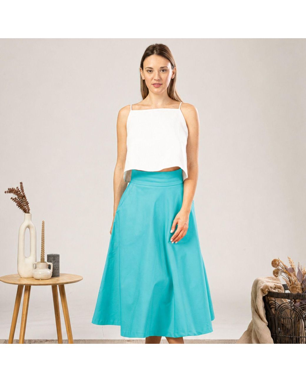 Nikka Place Blue Summer Cotton Midi Skirt With Pockets