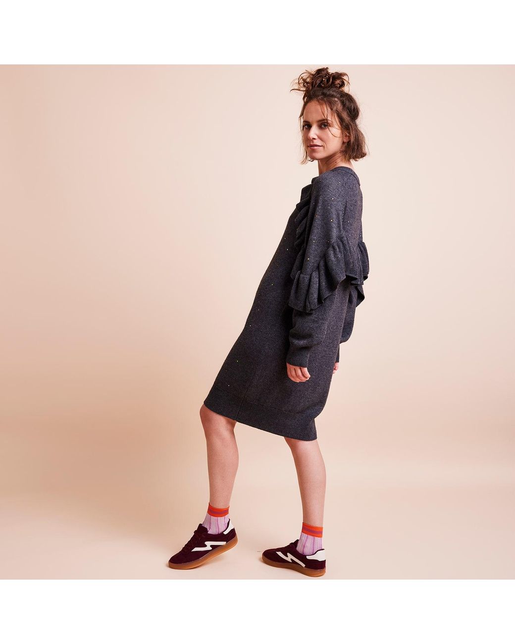 Maison Wanda Gray Dropped Ruffle Dress