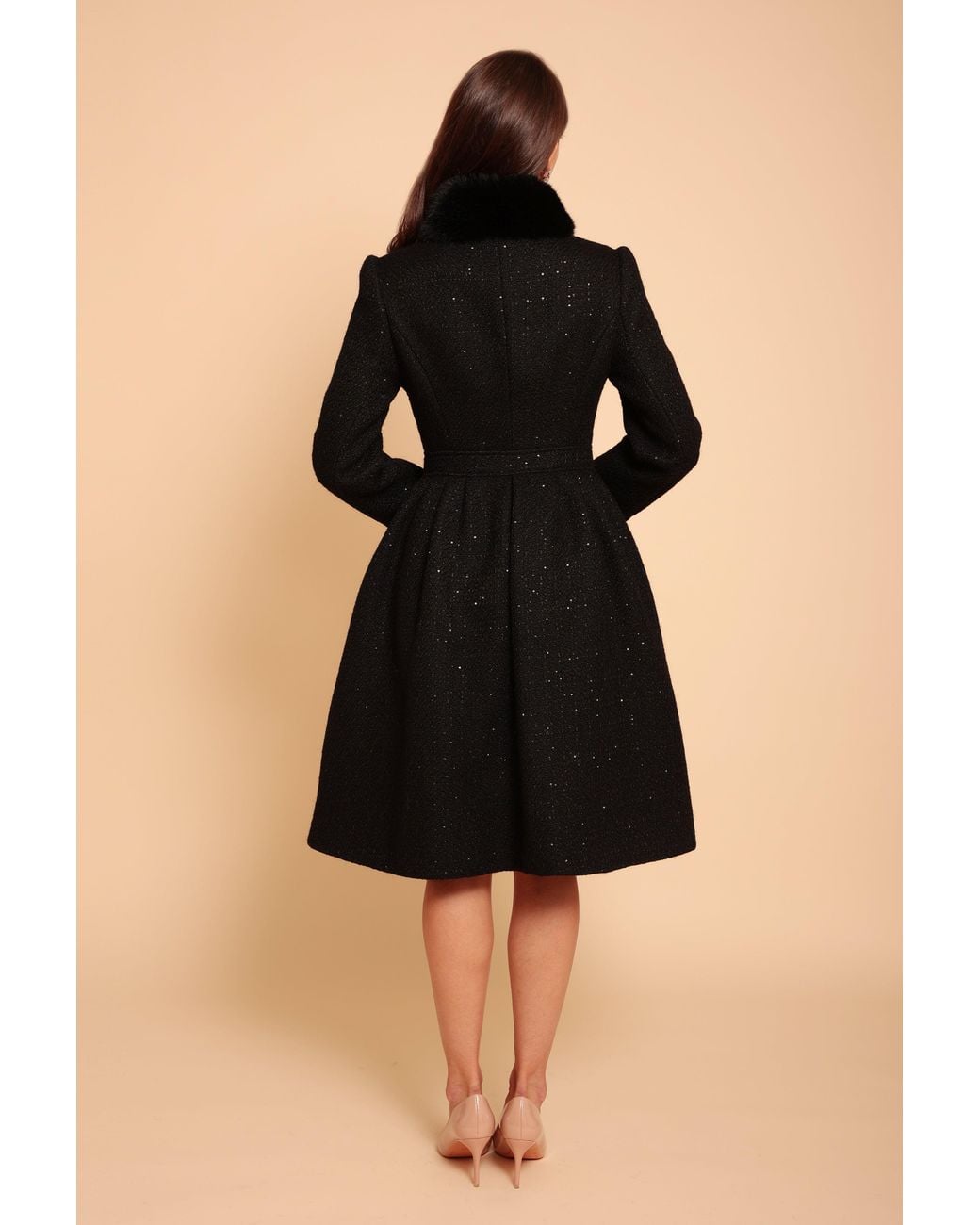 Santinni Black Starlet Wool Tweed Dress Coat With Faux Fur