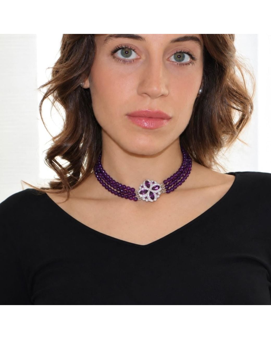Mineralgems•Studio Purple Three-Strand Amethyst Choker With Front Jewel Clasp