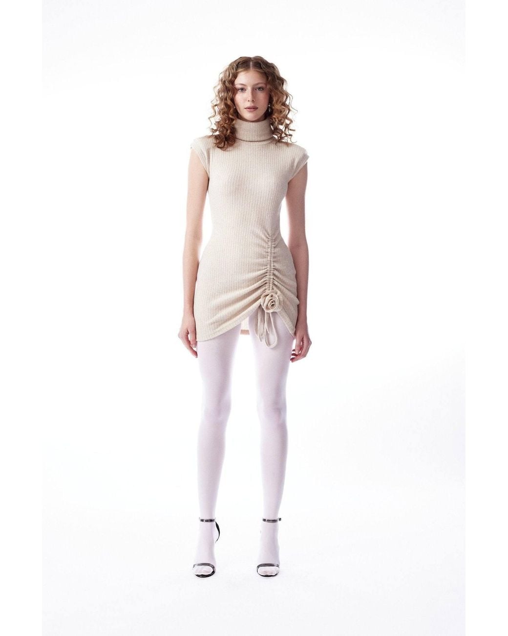 No'design White Neutrals Knit Mini Dress With Rose Detail Ecru
