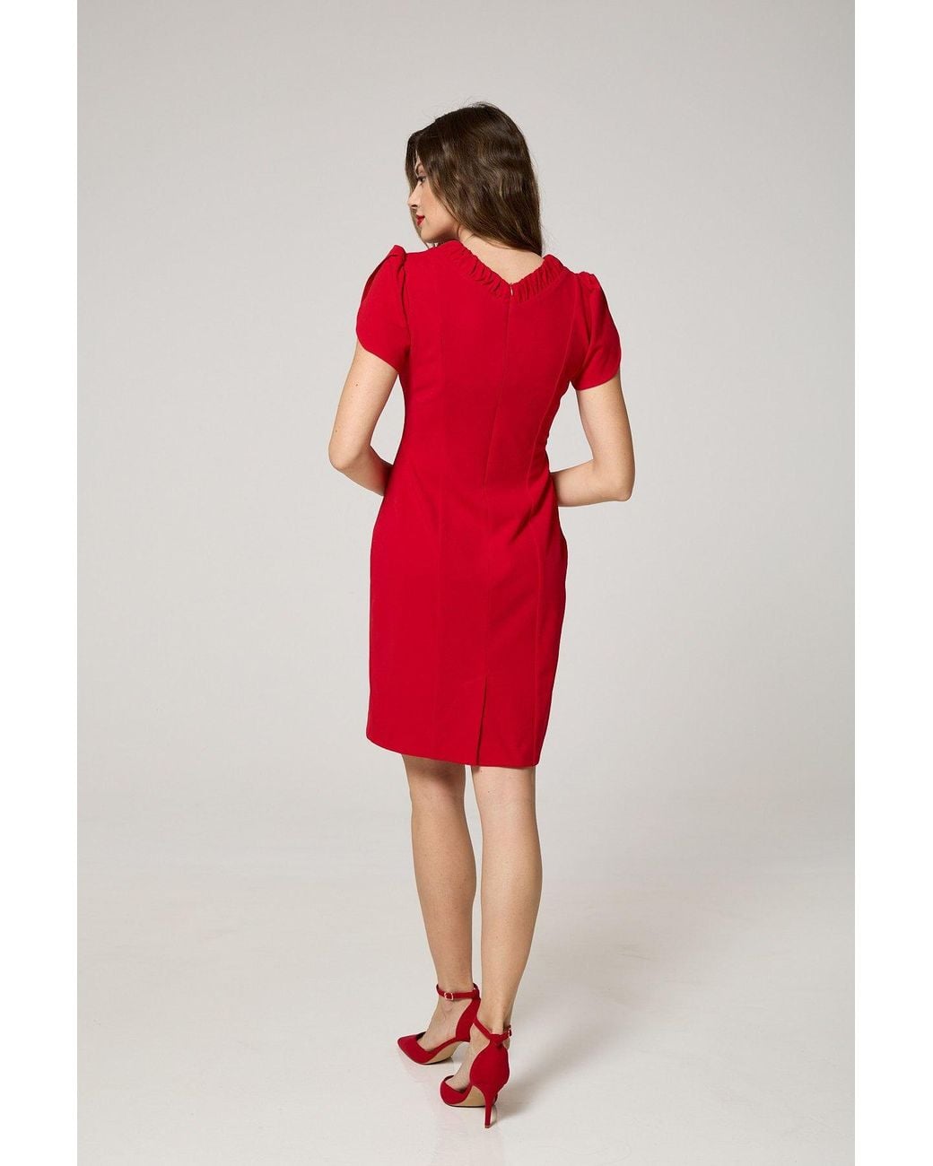 K-Win London Red Elegant Ruffle V-Neck Dress