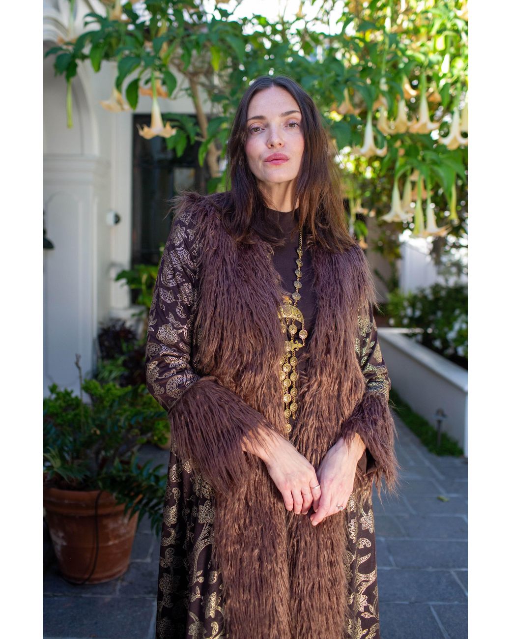 Jennafer Grace Brown Penny Deluxe Filigree Morena Faux Fur Trim Coat