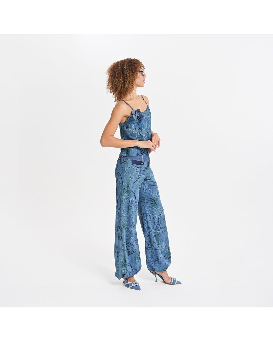 Lalipop Design Blue Stylised Floral Denim-Look Wide-Leg Pants