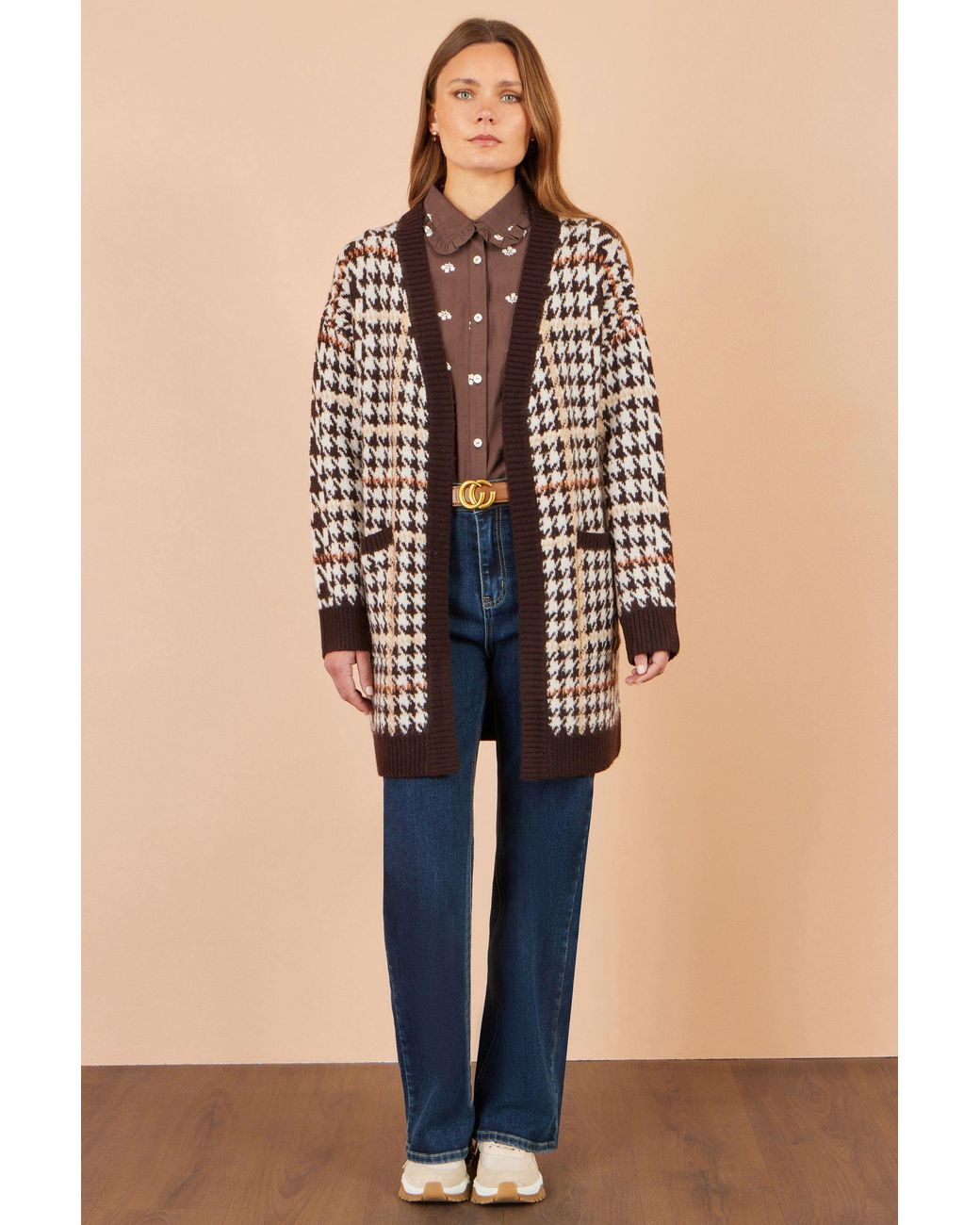 Yumi' Brown Knitted Check Long Cardigan