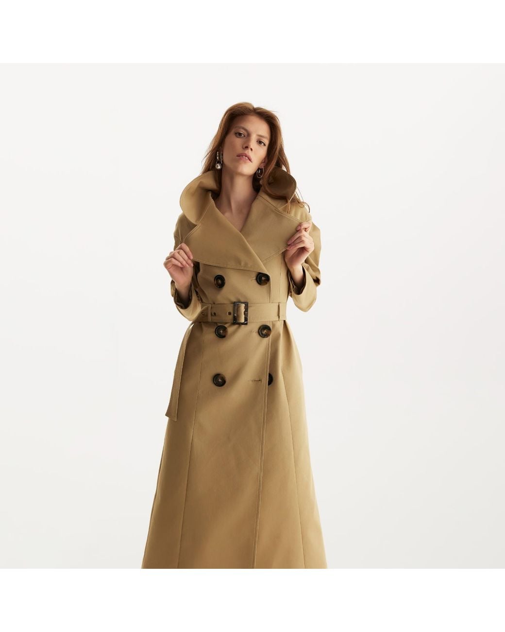 Lita Couture Natural Statement Pleated Shoulders Trench Coat